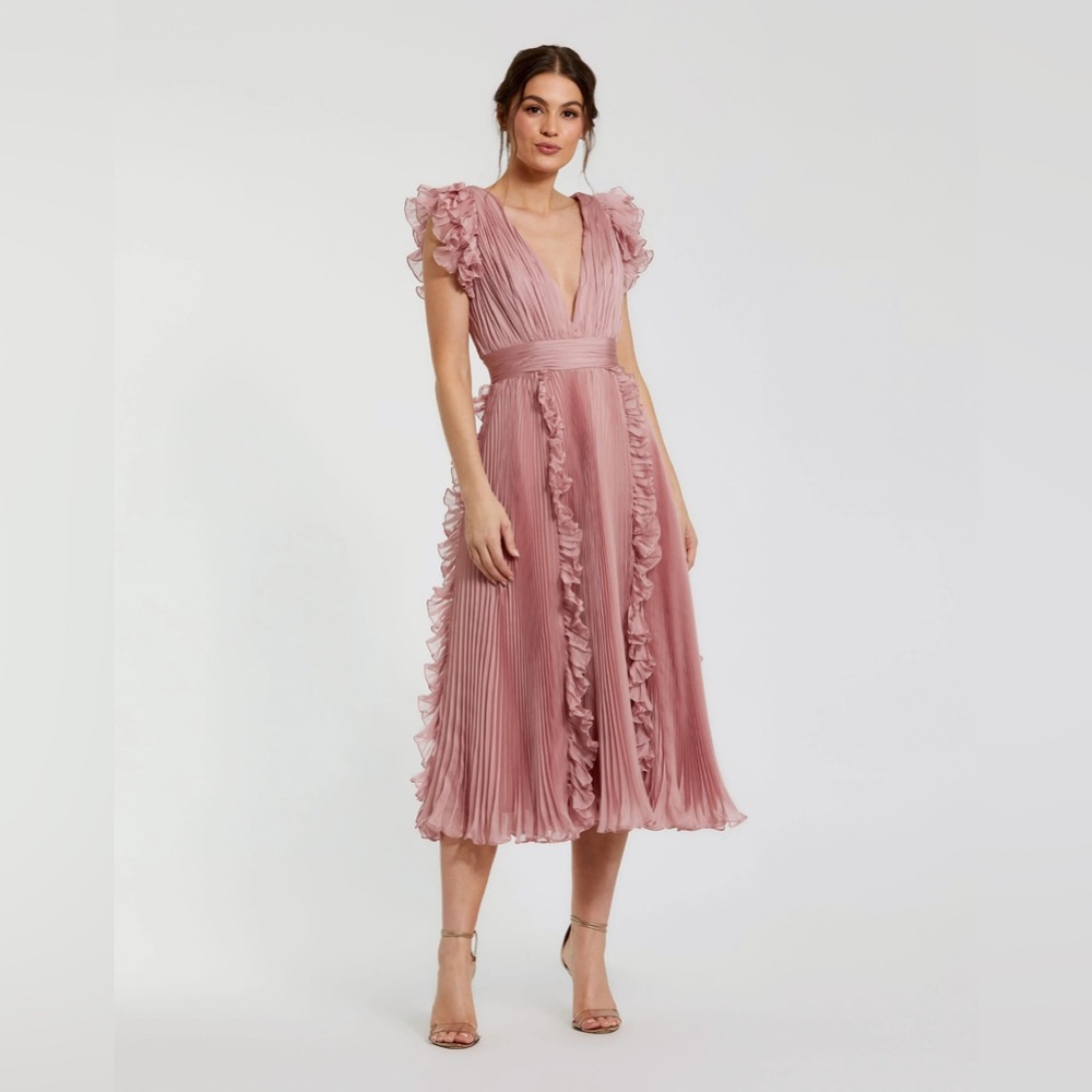 MAC DUGGAL 49675 NWT Pleated Chiffon V Neck Ruffle Midi Dress
